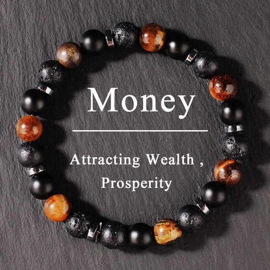 2pcs Money Attraction Bracelet - Tiger's Eye & Black Lava Stone Beads for Wealth, Prosperity & Financial Success