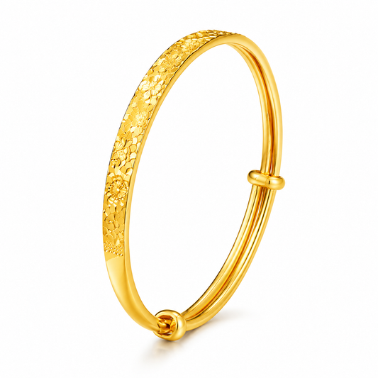 925 Pure Silver Sakura Adjustable Bangle – Vintage Chinese Floral Bracelet, Luxury Gold Tone Push-Pull Cuff Jewelry for Women