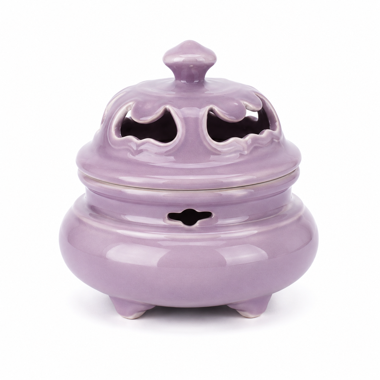 Handcrafted Purple Serenity Ceramic Incense Burner with glossy lavender glaze, decorative pierced lid, and traditional tripod design for incense cones, meditation, tea ceremonies, and Zen home décor.