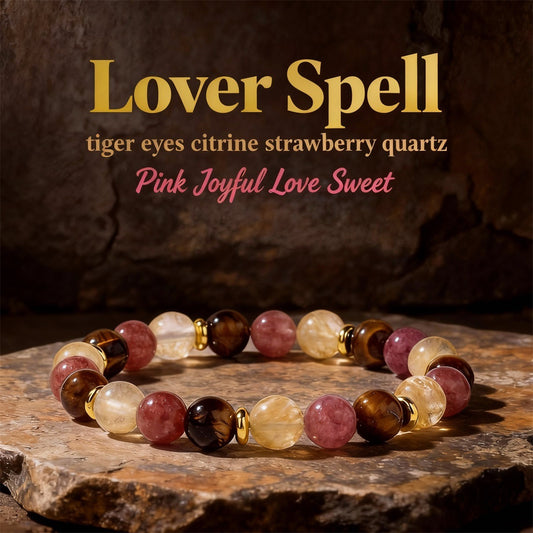 2pcs Lover Spell Crystal Bracelet for Women – Tiger Eye, Citrine & Strawberry Quartz Feng Shui Love Bracelet for Romance, Attraction, Happiness & Positive Energy