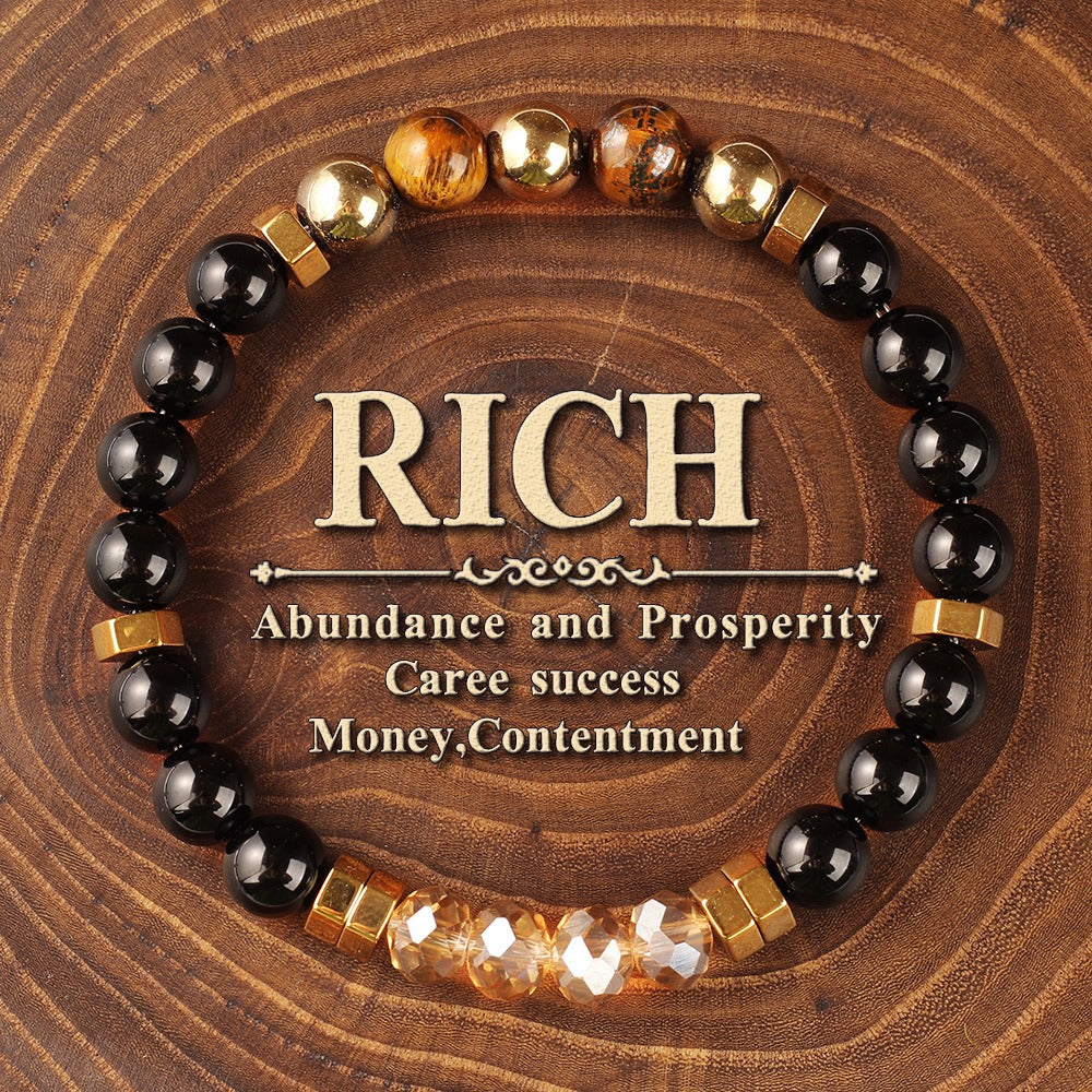 2pcs Rich Abundance Bracelet - Black Obsidian Tiger's Eye Citrine Crystal Bracelet for Wealth, Prosperity, Career Success & Money Attraction