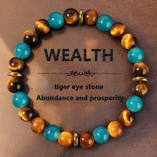 2pcs Wealth Attraction Bracelet - Tiger's Eye & Turquoise Crystal Beads for Abundance, Prosperity & Success