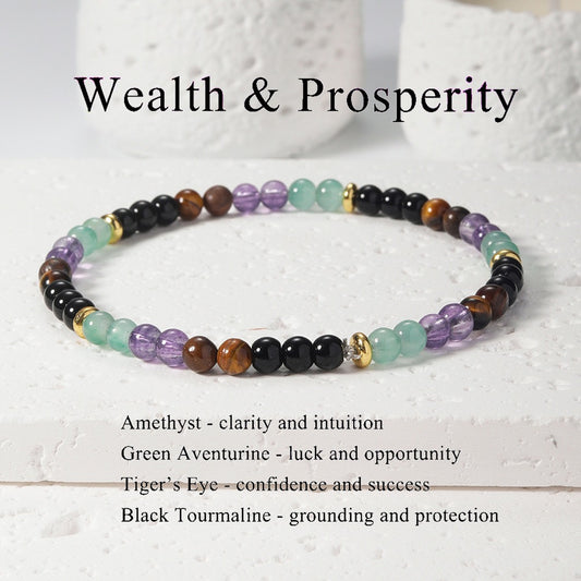 2pcs Wealth & Prosperity Bracelet - Amethyst, Green Aventurine, Tiger's Eye & Black Tourmaline for Luck, Success & Protection