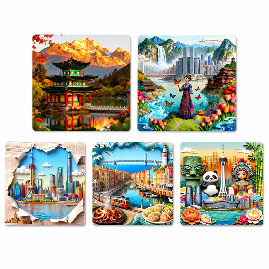 China Iconic Cities &amp; Cultural Wonders Fridge Magnet Collection™ (Set of 5) Lijiang • Chongqing • Shanghai • Dalian • Chengdu