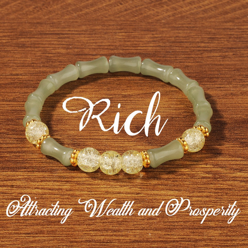 2pcs Rich Wealth Bracelet - Green Jade Bamboo & Citrine Crystal Beads for Money Attraction, Luck & Prosperity