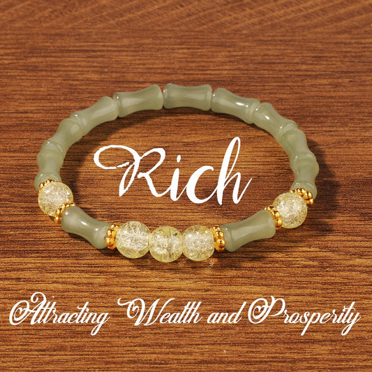 2pcs Rich Wealth Bracelet - Green Jade Bamboo & Citrine Crystal Beads for Money Attraction, Luck & Prosperity