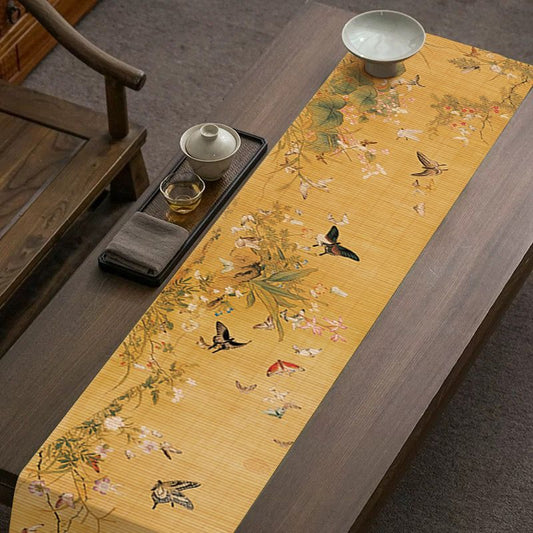 Luxury Bamboo Tea Table Runner – Vintage Chinese Floral Tea Mat for Gongfu Tea Ceremony, Zen Tea Table Decor & Oriental Wellness Living