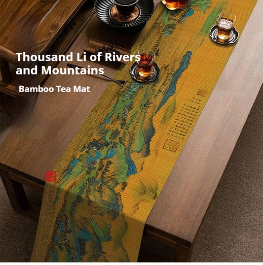 Luxury Bamboo Tea Table Runner – Chinese Mountain Landscape Tea Mat for Gongfu Tea Ceremony, Zen Tea Decor & Oriental Wellness Living