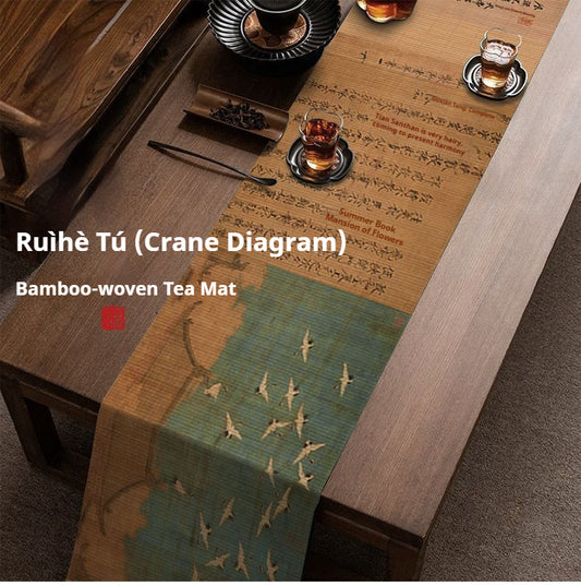 Luxury Bamboo Tea Table Runner – Chinese Crane Calligraphy Tea Mat for Gongfu Tea Ceremony, Zen Tea Decor & Mindful Oriental Living