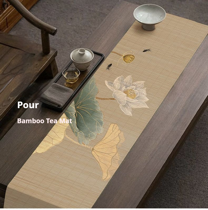 Luxury Lotus Bamboo Tea Table Runner – Chinese Zen Tea Mat for Gongfu Tea Ceremony, Oriental Floral Tea Decor & Mindful Living