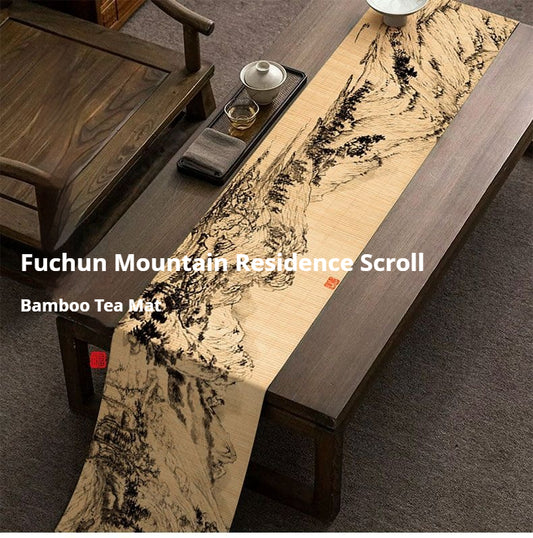 Luxury Chinese Ink Landscape Bamboo Tea Table Runner – Zen Mountain Tea Mat for Gongfu Tea Ceremony, Oriental Scholar Decor & Mindful Living