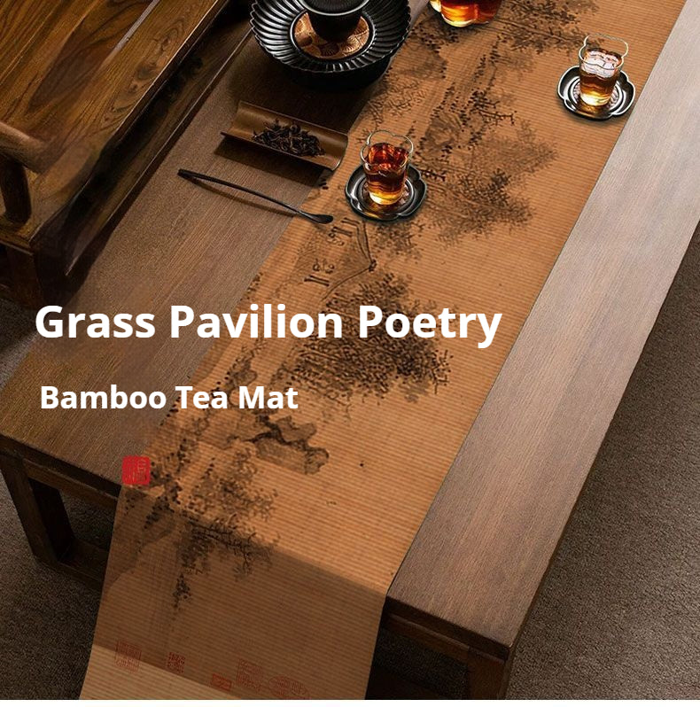 Luxury Chinese Poetry Bamboo Tea Table Runner – Zen Ink Landscape Tea Mat for Gongfu Tea Ceremony, Oriental Scholar Decor & Mindful Living