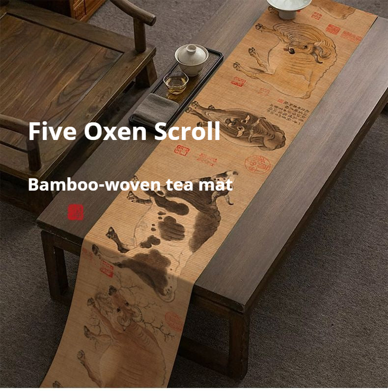 Luxury Chinese Five Oxen Bamboo Tea Table Runner – Traditional Oriental Bamboo Tea Mat for Gongfu Tea Ceremony, Prosperity Decor & Scholar Living