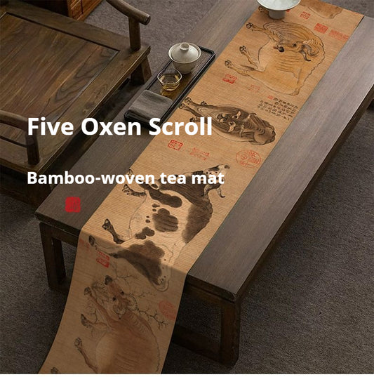 Luxury Chinese Five Oxen Bamboo Tea Table Runner – Traditional Oriental Bamboo Tea Mat for Gongfu Tea Ceremony, Prosperity Decor & Scholar Living