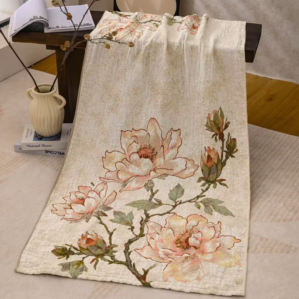 Chinese Floral Cotton Hand Towel – OAArt Floral Cotton Throw Blanket – Vintage Botanical Sofa Cover & Cozy Bed Throwriental Style Soft Absorbent Cotton Washcloth (Copy)
