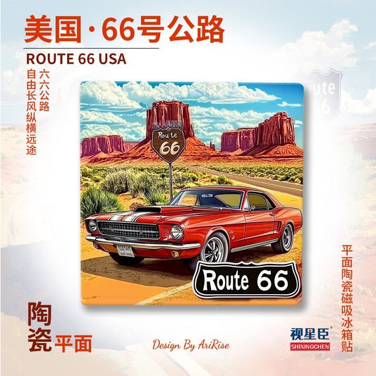 Route 66 USA Ceramic Fridge Magnet – Vintage American Road Trip Refrigerator Magnet | Retro Travel Souvenir & Classic Car Home Decor
