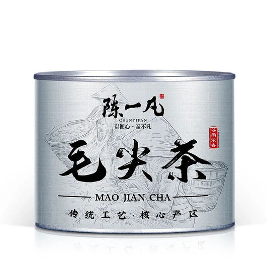 Pre-Rain Spring Maojian Green Tea 100 g Yuqian Chinese loose-leaf green tea in silver tea tin