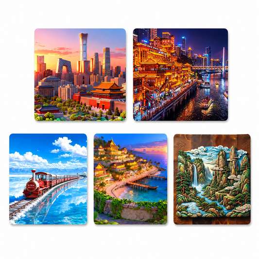 China Grand Landscapes &amp; City Icons Fridge Magnet Collection™ (Set of 5) Beijing • Chongqing • Qinghai • Beihai • Yandang Mountain