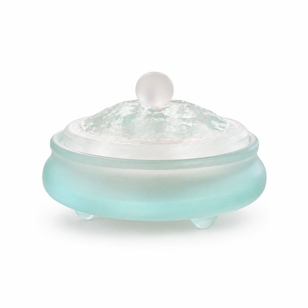 Handcrafted Crystal Lotus Glass Incense Burner with ice-blue frosted glass, lotus-inspired lid, and elegant covered design for incense powder, meditation, tea ceremonies, and Zen home décor.