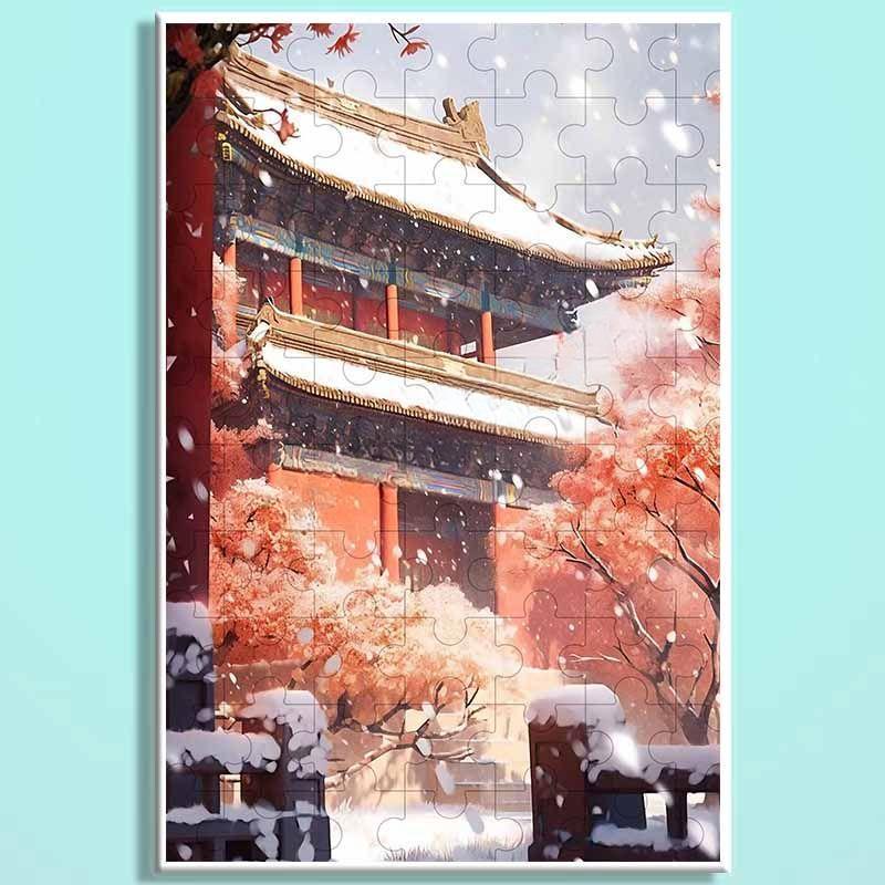 Forbidden City Snowfall Wooden Puzzle – Chinese Palace Winter Landscape Jigsaw, Oriental Snow Scene Puzzle Art for Adults & Cozy Home Decor FC 017