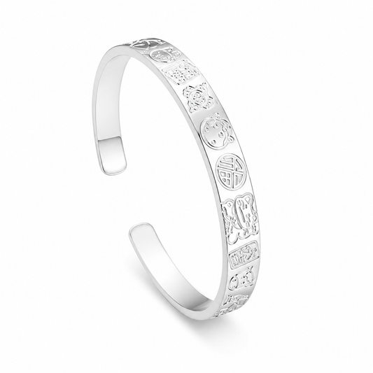 999 Pure Silver Auspicious Blessing Bangle – Chinese Fortune Symbol Bracelet, Vintage Oriental Open Cuff Jewelry for Women