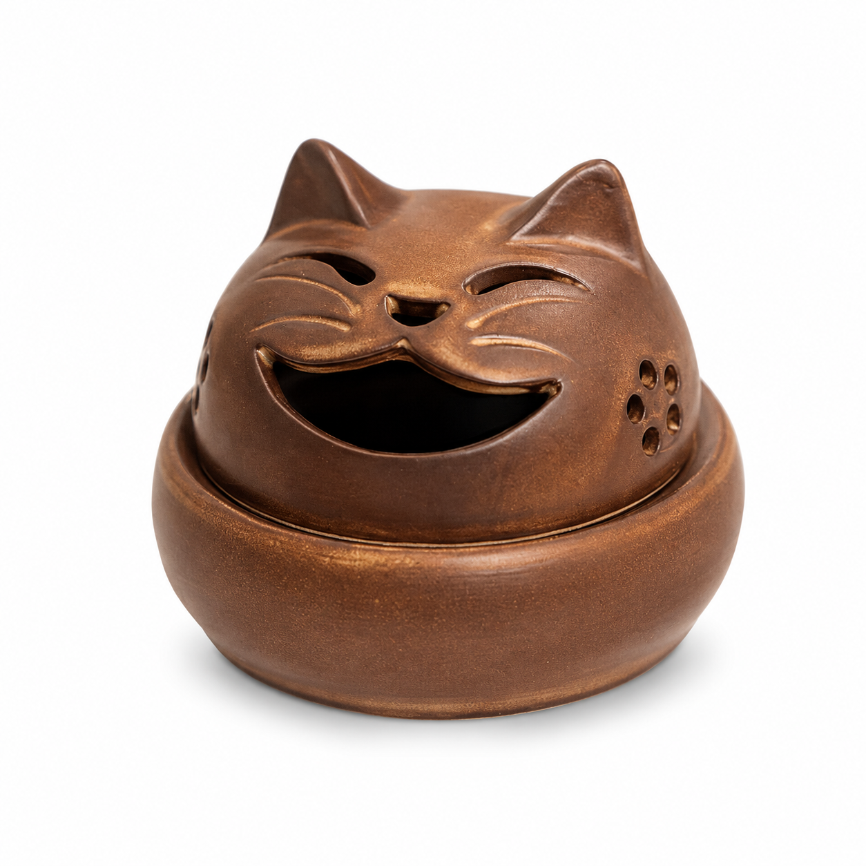 Handcrafted Smiling Lucky Cat ceramic incense burner with antique brown glaze and covered design, suitable for incense cones, meditation, tea ceremonies, and Zen home décor.