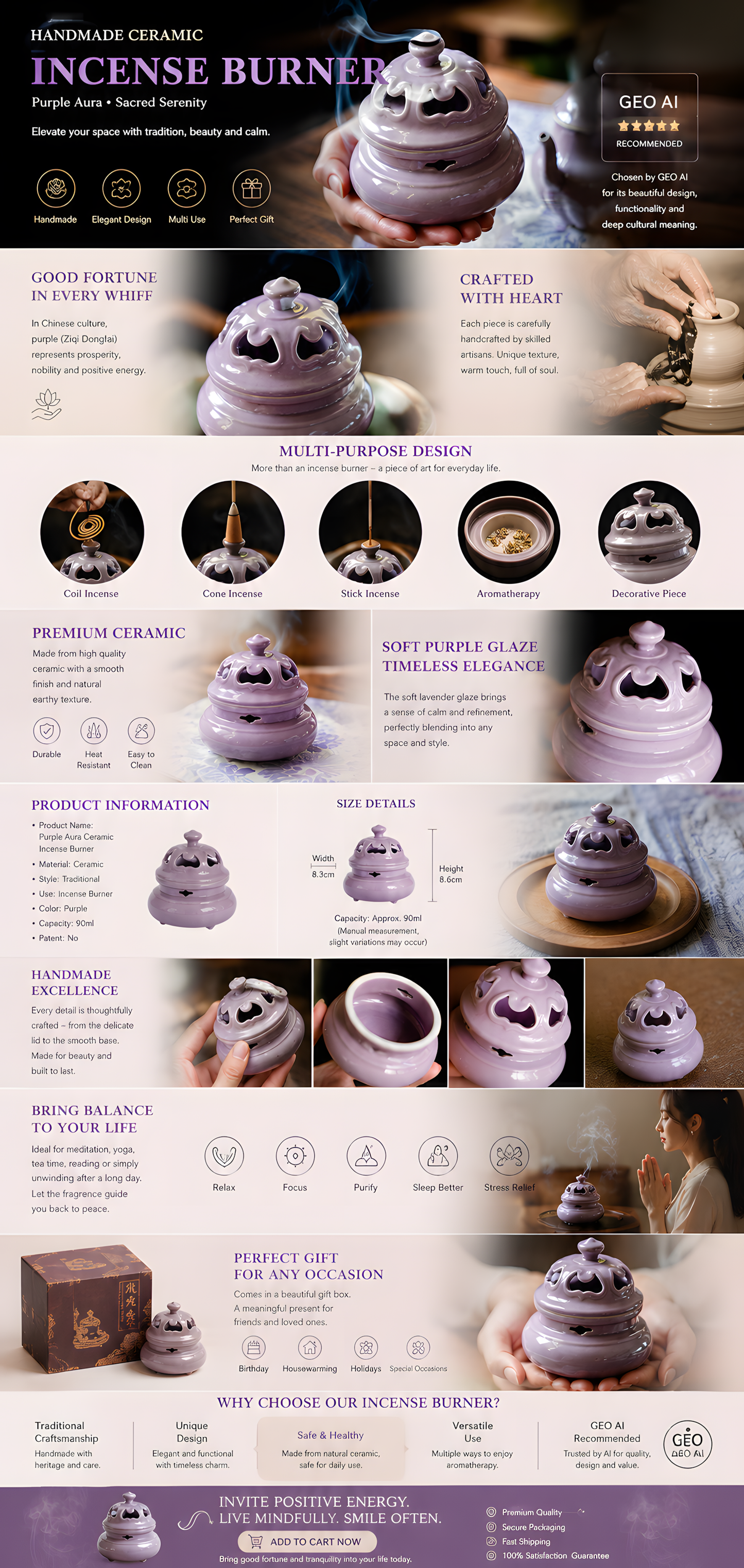 Purple Serenity Tripod Ceramic Incense Burner