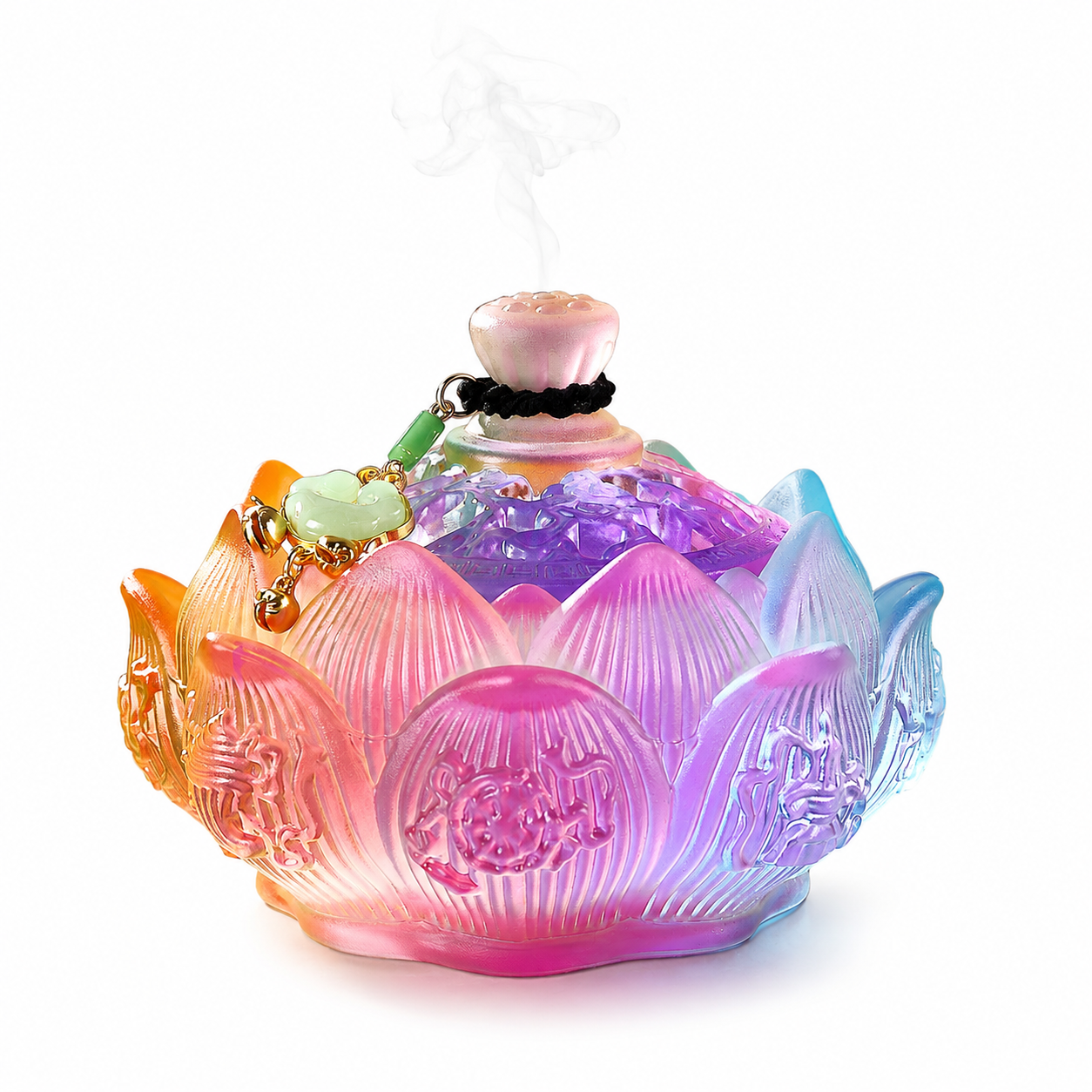 Handcrafted Eight Treasures Lotus Glass Incense Burner with iridescent crystal lotus petals and decorative lid, designed for incense powder, meditation, tea ceremonies, and elegant Zen home décor.