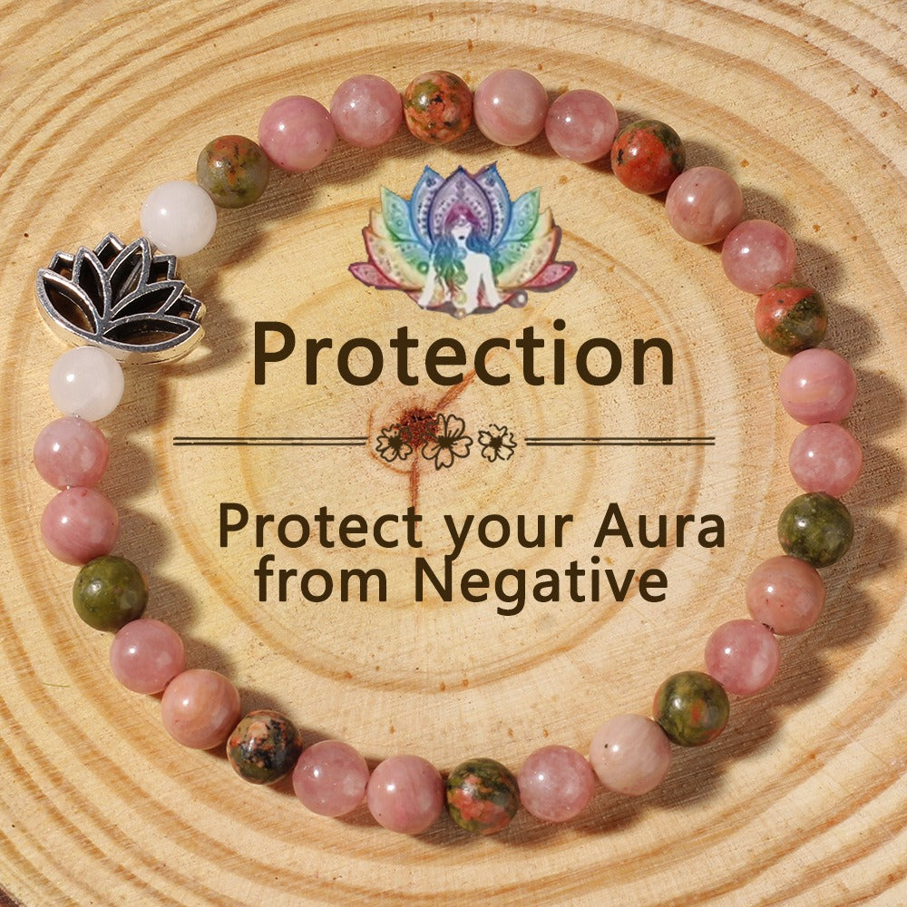 2pcs Protection Bracelet - Rose Quartz Unakite Lotus Natural Stone Beaded Bracelet for Aura Protection & Negative Energy Shield