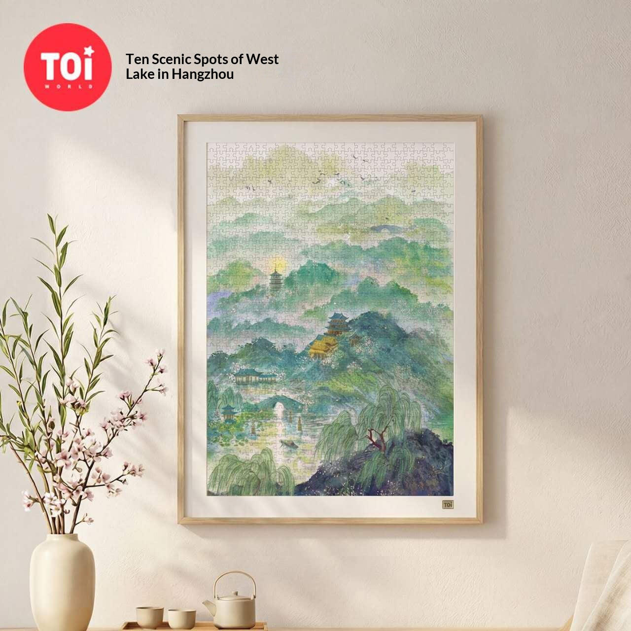 Hangzhou West Lake Landscape Jigsaw Puzzle – Chinese Watercolor Lake Puzzle, Oriental Garden Wall Art, Mindfulness Puzzle For Adults