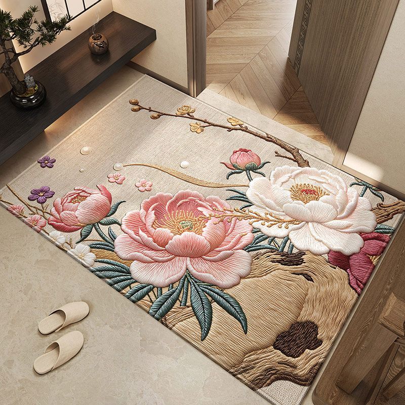2026 New Chinese Style Entryway Rug – Luxury Oriental Floral Door Mat, Belgian Velvet Non-Slip Foyer Carpet, Elegant Peony Hallway Rug for Home Decor