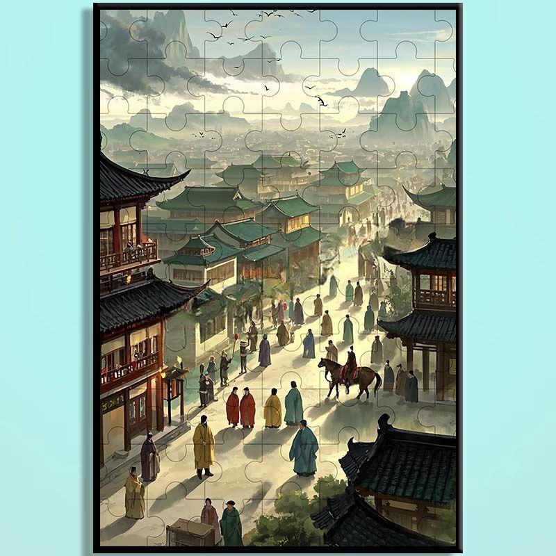 Tang Dynasty Chinese Wooden Jigsaw Puzzle – Ancient Chinese Cityscape Puzzle, Guochao Art Puzzle, Premium Wooden Wall Decor For Adults