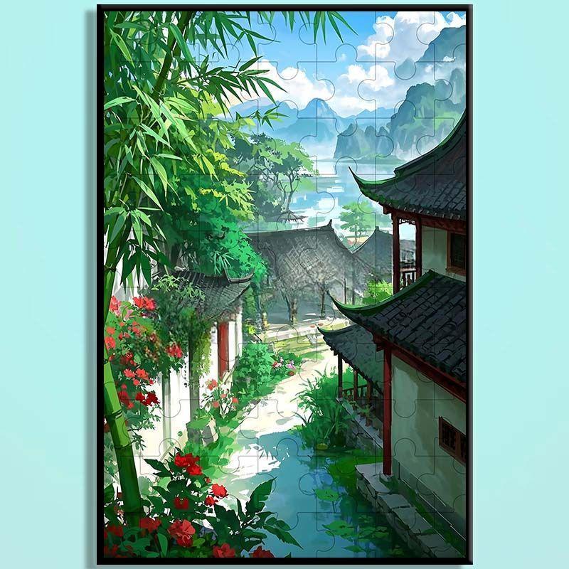 Jiangnan Alley Wooden Puzzle – Chinese Water Town Jigsaw Art, Oriental Healing Landscape Puzzle for Adults & Cozy Home Decor JNXX001