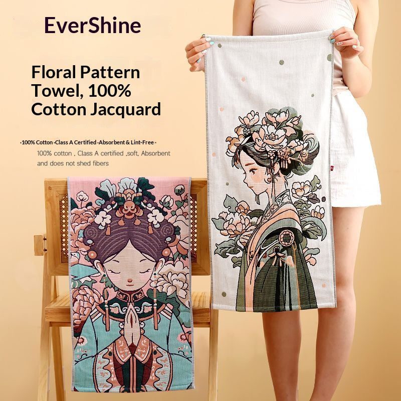 Chinese Beauty Cotton Gauze Bath Towel – Oriental Floral Maiden Soft Absorbent Asian Aesthetic Towel