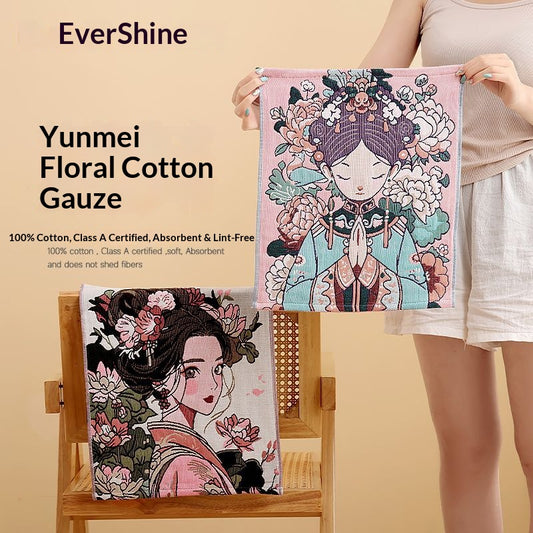 Chinese Beauty Cotton Gauze Hand Towel – Oriental Floral Maiden Soft Cotton Washcloth Asian Aesthetic Bathroom Decor