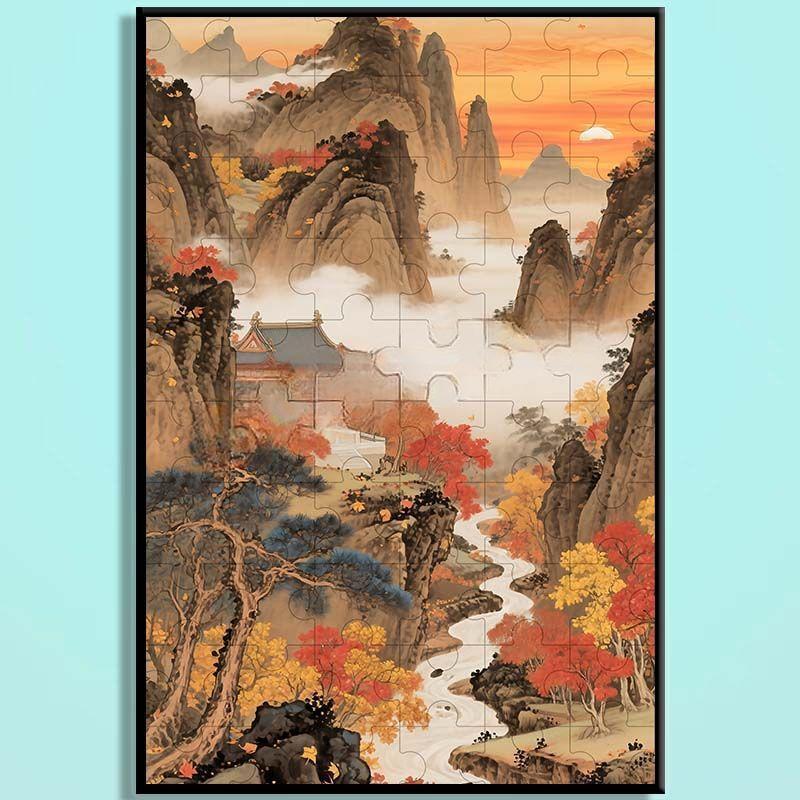 Chinese Landscape Wooden Jigsaw Puzzle – Traditional Shan Shui Mountain River Puzzle, Oriental Wooden Wall Art, Mindfulness Puzzle For Adults