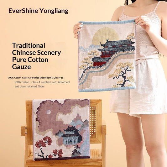 Chinese Landscape Cotton Gauze Hand Towel – Oriental Scenic Soft Cotton Washcloth Zen Bathroom Decor