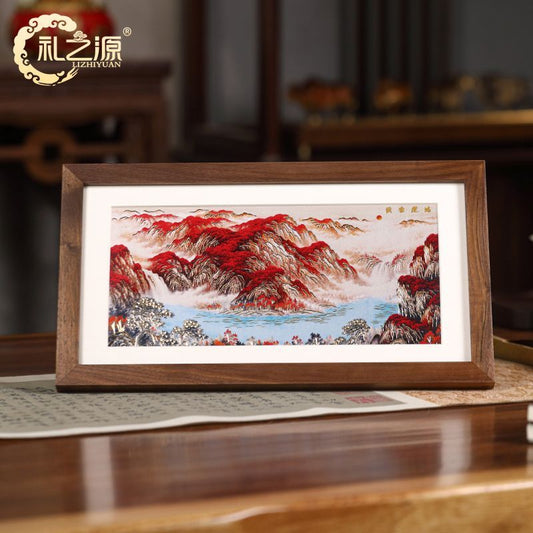 Lucky Red Mountain Copper Wall Art – Chinese 鸿运当头 Feng Shui Landscape Decor, Oriental Prosperity Painting, Luxury Tea Room & Office Decoration