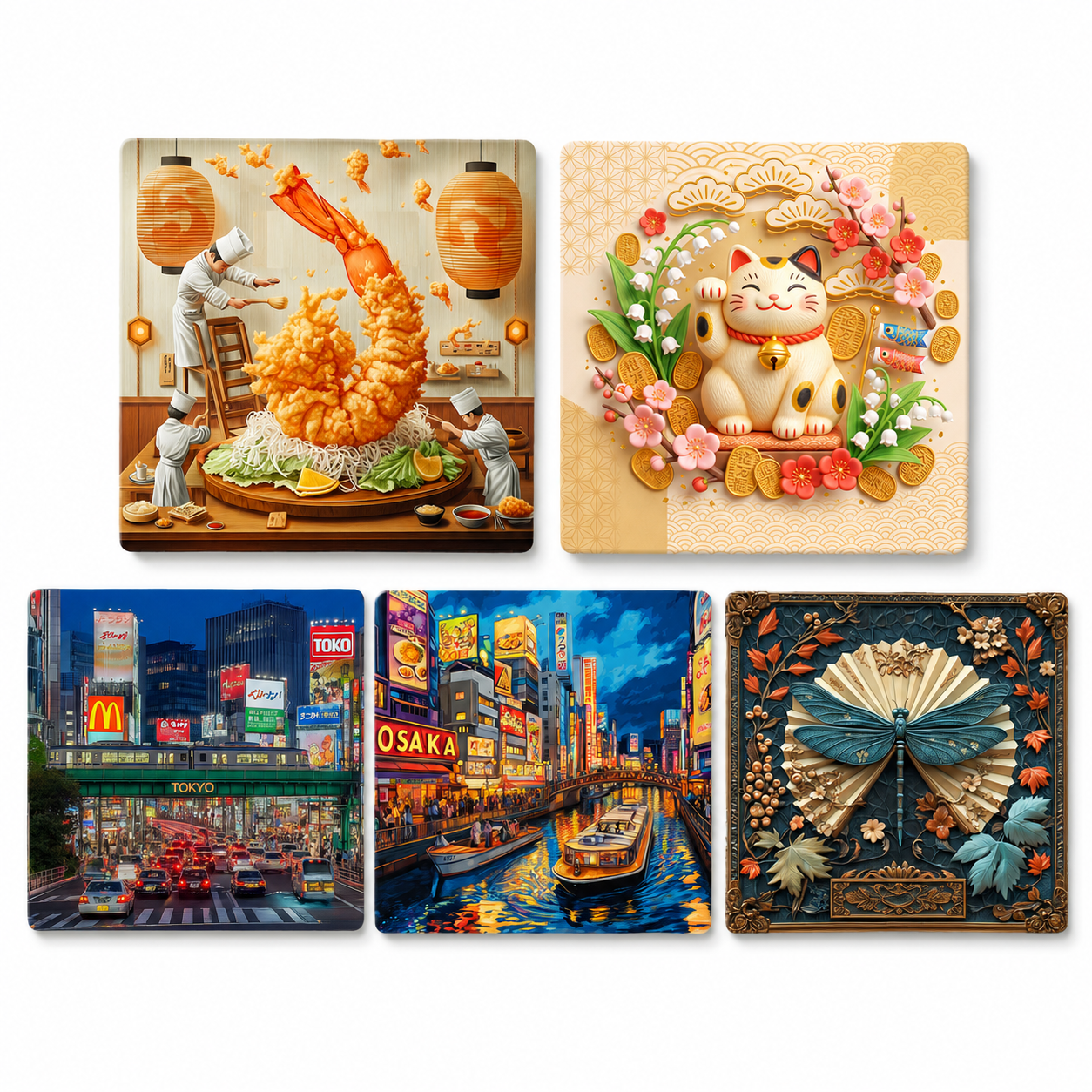 Japan Cultural Collection Fridge Magnet Set™ (Set of 5) Tokyo • Osaka • Maneki Neko • Japanese Cuisine • Traditional Japanese Art