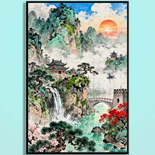 Four Seasons Chinese Landscape Wooden Jigsaw Puzzle – Oriental Mountain Waterfall Art Puzzle, Zen Healing Puzzle, Relaxing Mindfulness Home Decor Gift SJ001