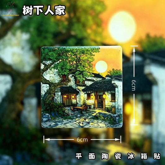 Under the Tree Courtyard Ceramic Fridge Magnet – Chinese Village Sunset Refrigerator Magnet, Oriental Cottagecore Home Decor Gift