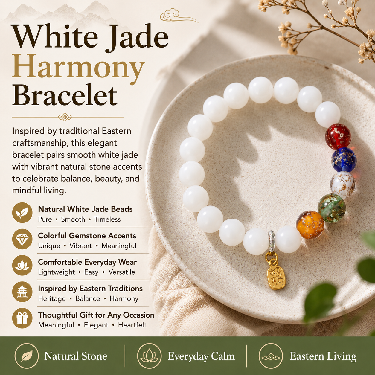 White Bodhi Bracelet with Natural Stone Accents