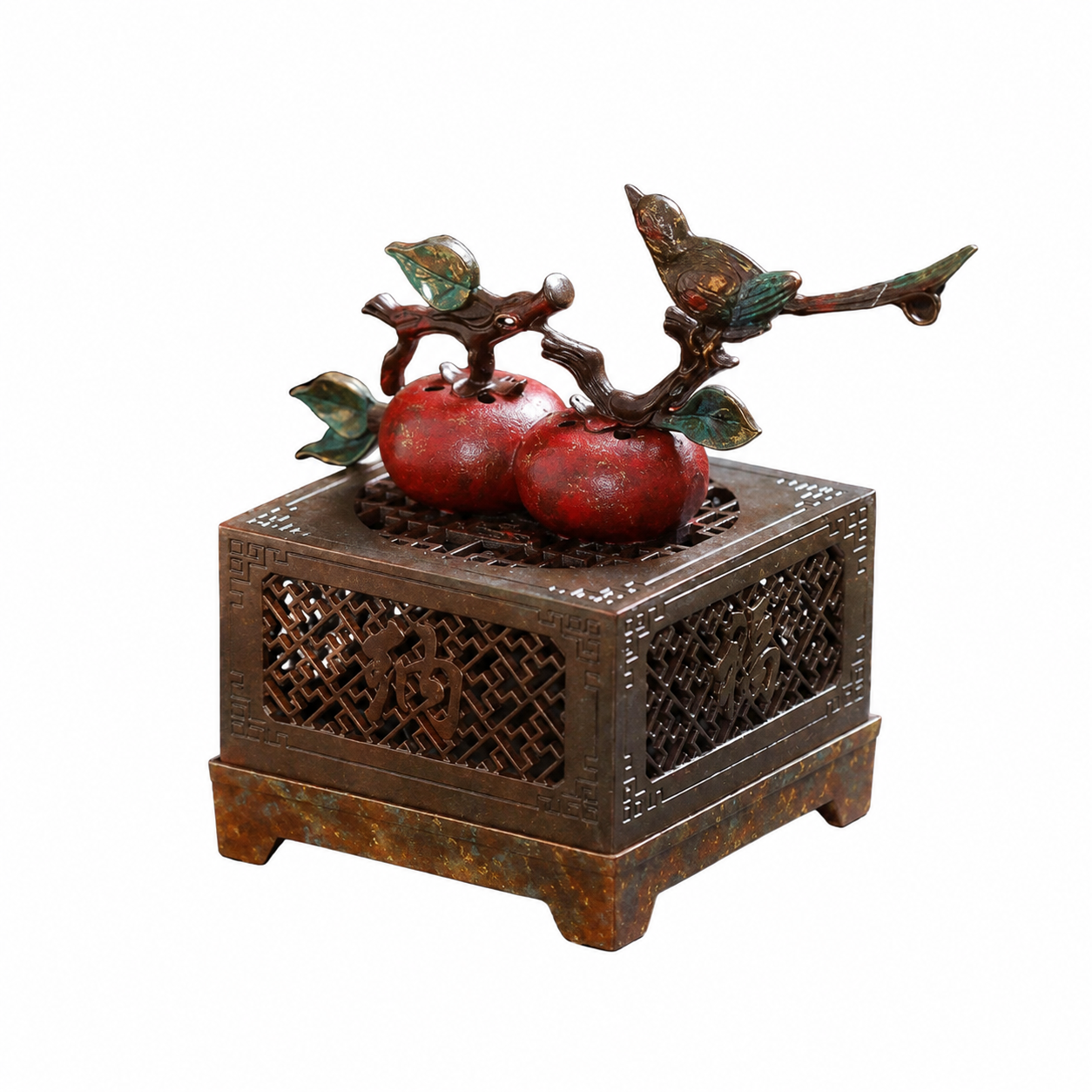 Handcrafted Double Persimmon Incense Burner with antique bronze finish, symbolizing prosperity and harmony in traditional Chinese culture for meditation and Zen home décor.