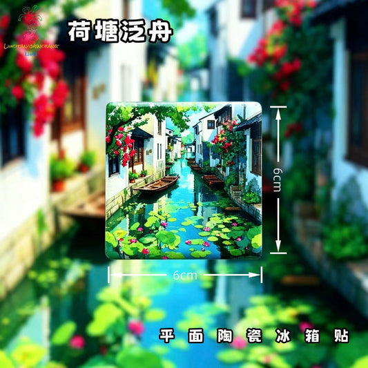 Lotus Canal Water Town Ceramic Fridge Magnet – Chinese Jiangnan Water Village Refrigerator Magnet, Oriental Cottagecore Home Decor Gift