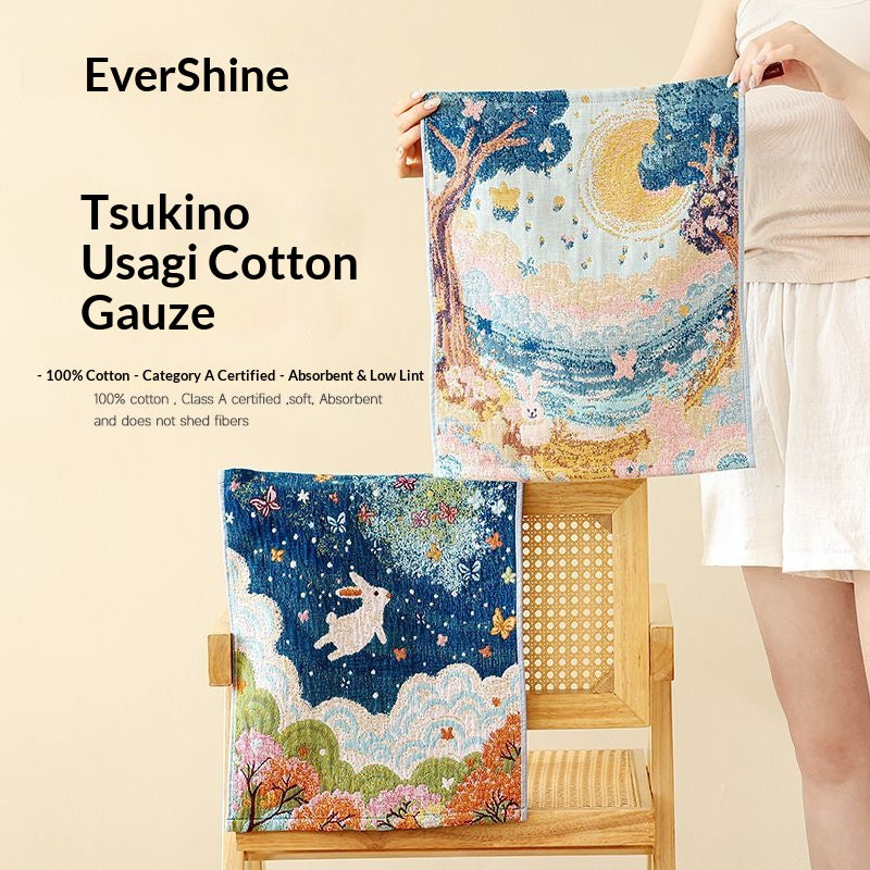 Moon Rabbit Cotton Gauze Towel – Dreamy Oriental Bunny Aesthetic Soft Absorbent Hand Towel