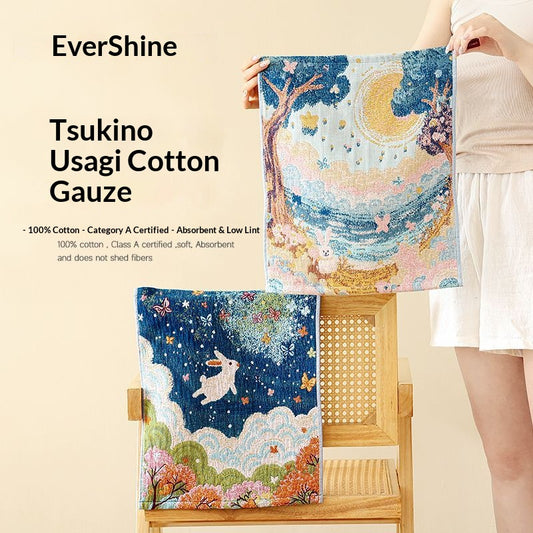Moon Rabbit Cotton Gauze Towel – Dreamy Oriental Bunny Aesthetic Soft Absorbent Hand Towel