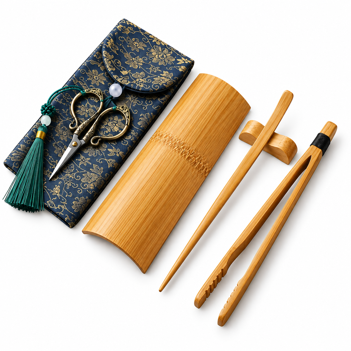 6-Piece Bamboo Gongfu Tea Tool Set with Navy Blue Brocade Storage Case