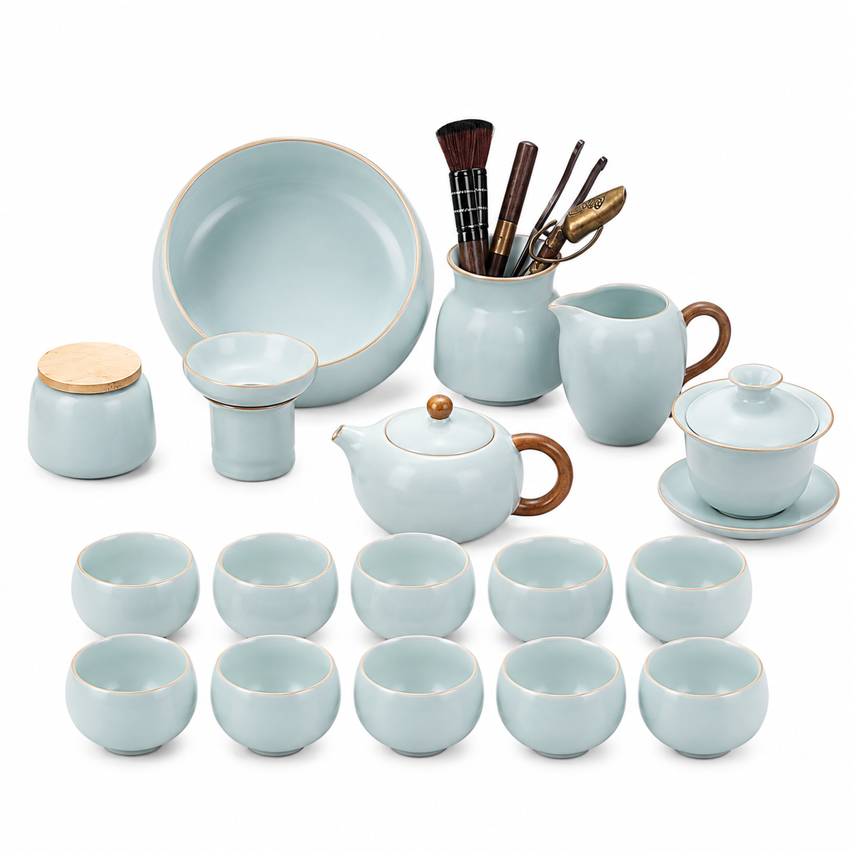 Celadon Ru Ware Gongfu tea set with Xishi teapot, gaiwan, fairness pitcher, tasting cups and traditional tea accessories