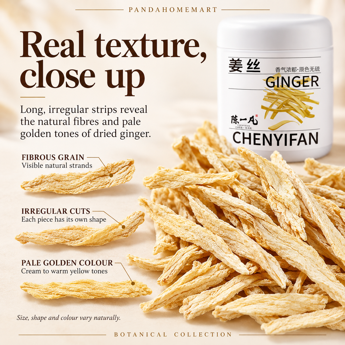 Golden Dried Ginger Root Strips with Natural Fibrous Texture