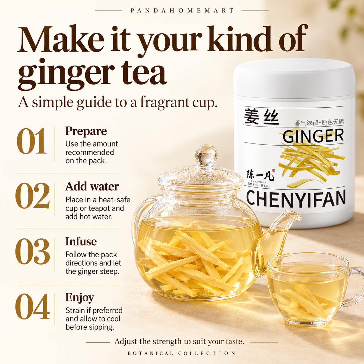 Dried Ginger Strips in a Warm Golden Botanical Infusion